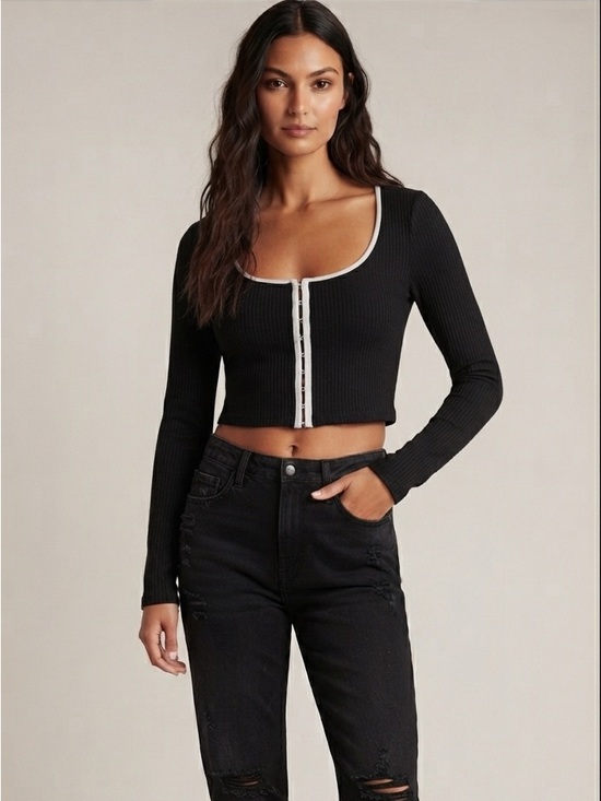 H&M Tops - H&M Y2K Hook and Eye Front Corset Top XXS Black White Contrast Trim